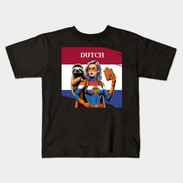 Dutch: 80's Female Comic Book Hero with Sloth Kids T-Shirt by Woodpile